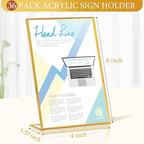 36 Pack Acrylic Sign Holder Gold Frame Table Numbers Slanted Back Menu Display Stand Clear Flyer Document Photo Display Holders Plastic Table Signs for Wedding Office(Vertical Style,4 x 6 Inch)