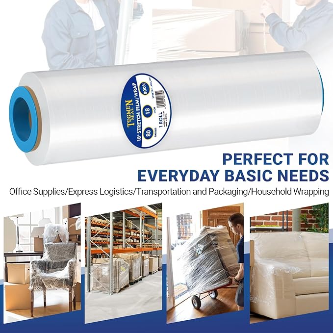 4-Pack 18" Stretch Wrap Rolls - 80 Gauge Industrial Strength Clear Film, 1200ft Length with Plastic Handle Option - Heavy Duty Self-Adhering for Moving, Shipping, Pallet Packing