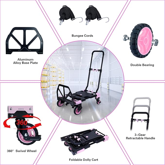 JJSMKCH 2 in 1 Folding Hand Truck,330LB Capacity Hand Truck Foldable,Dolly Cart with Wheels and 3-Speed Adjustable Handle,Portable Hand Cart,Collapsible Dolly for Moving (Pink)