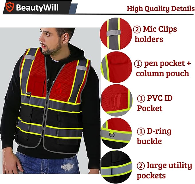 10 Pack Custom Safety Vest Customized Logo Mesh Vest Class 2 High Visibility Reflective Vest with Pockets Workwear（Red Black，M ）