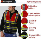 BeautyWill Custom Safety Vest Customized Logo Mesh Vest Class2 High Visibility Reflective Vest with Pockets Workwear（Red Black，XXL ）
