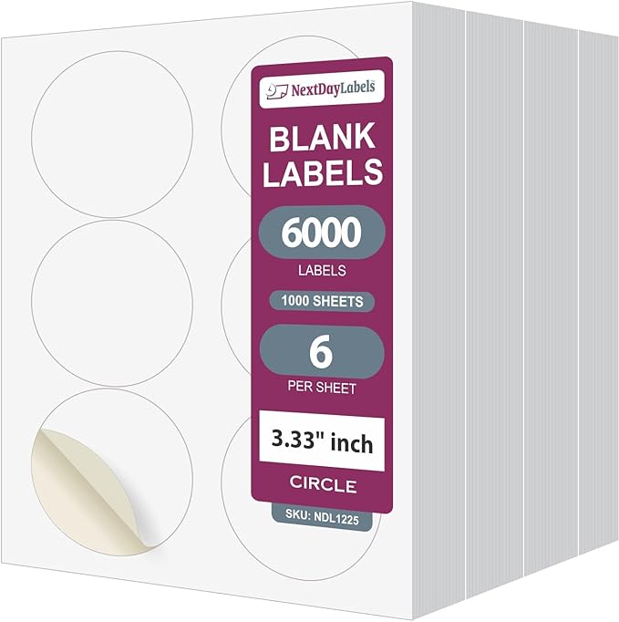 NextDayLabels 3.33 Inch Round Labels - Matte White Blank Circle Stickers - Printable Labels (6000 Sheets)
