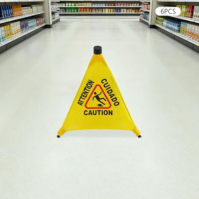 6 Pcs Pop up Wet Floor Sign, 20 Inch Slippery When Wet Sign with Storage Tube, 4-Sided Yellow Safety Warning Caution Cone for Commercial Industrial Office Use