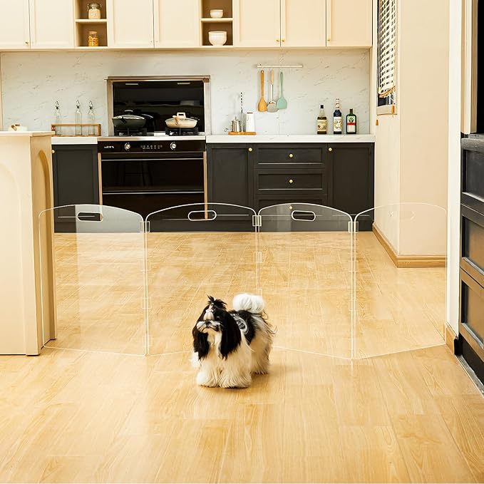 Modern Frame Clear Acrylic Freestanding Pet Gate - 24" High Extra-Wide Folding 4-Panel Dog Barrier for Doorways, Stairs & Large Openings, Indoor Fence for Dogs, Puppies & Cats