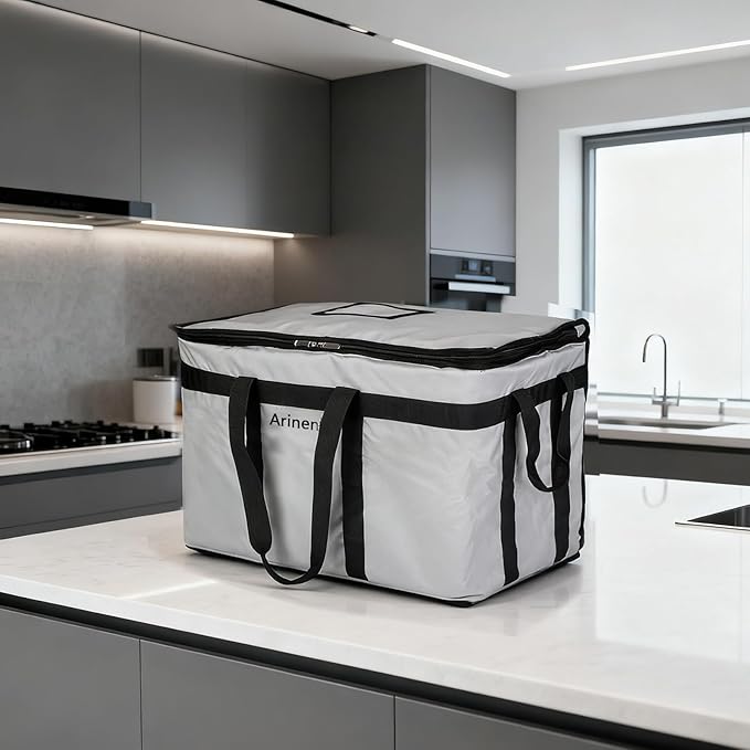 Food Delivery Insulated Bag, Insulated Cold Meal Bag, Built-in Base Plate, For Hot and Cold Food Takeout, Commercial Catering Transportation - 23 * 14 * 15 inches (NO Partitioned, Grey)