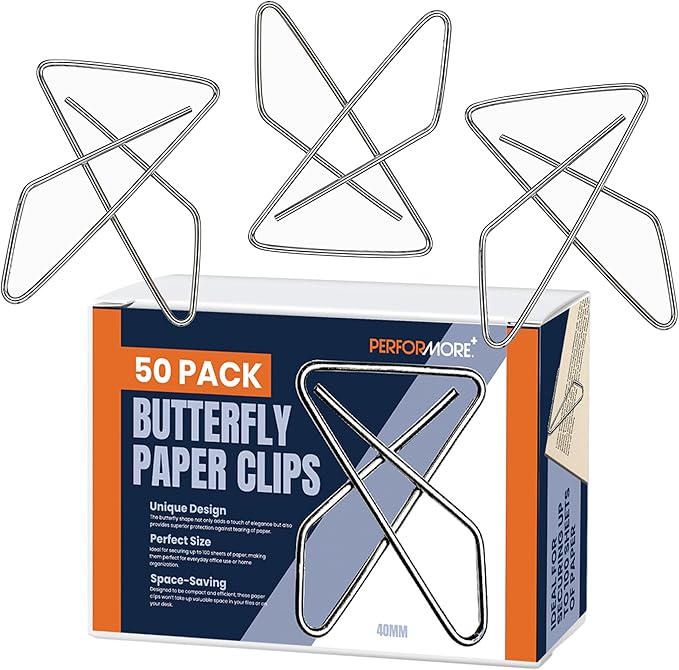 Performore Butterfly Paper Clips | 1.4mm Thick | 1.6 x 1.2 Inch | 50-Pack | Durable Metal Clips for Crafting & Sewing | Paper, Fabric & DIY Project Holders