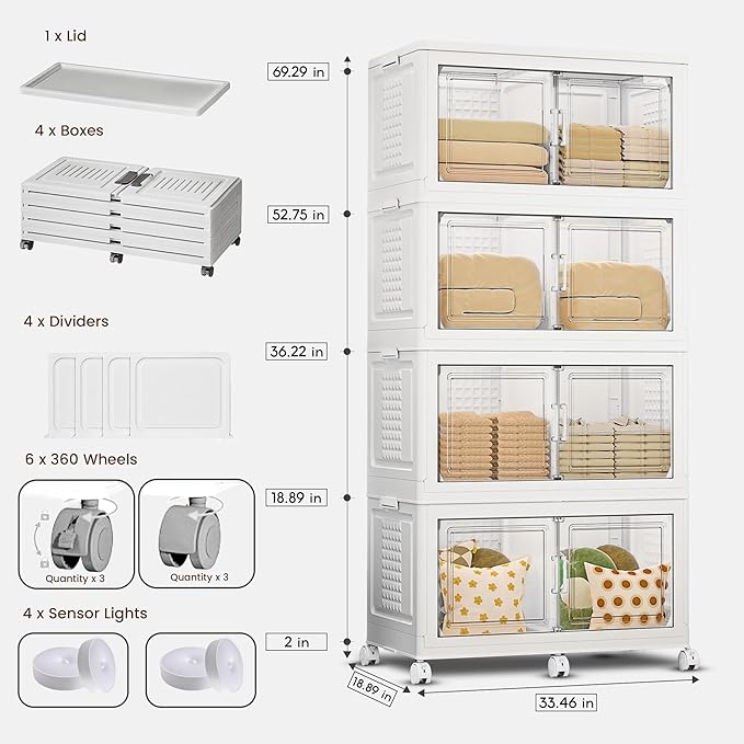 FINCHESCLUB 752QT Extra Large Stackable Storage Bins with Lids, 188Gal Foldable Storage Bins with Doors and Wheels, Collapsible Closet Organizers for Home Office, Christmas Gifts - 4 Pack - White