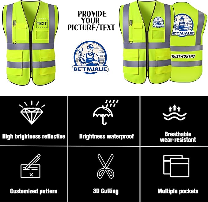 Personalized Safety Vest Custom High Vis Vest Customize Logo Safety Vest with Reflective Strip 5 Pockets Workwear