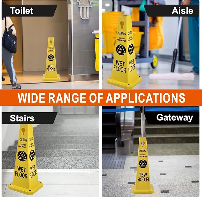 26.5" Caution Cones, 4-Sided Visible Safety Signs with Heavy Rubber Base, Warning for Slip & Fall Prevention, Indoor/Outdoor Use (4, Wet Floor Caution-Yellow, 26.5 inch)
