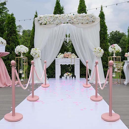 Ferraycle 4 Pcs Stainless Steel Stanchions Post Queue 38 Inch, 5 ft Velvet Carpet Ropes and Pole, Control Barriers for Wedding Birthday Party Decoration Sand Injection Hollow Base Set (Gray Pink)