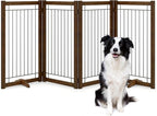 Wire Dog Gate Solid Wood Frame, Anti-Chewing, 4-Panel, 36" Height, 80" Width, Indoor Freestanding Pet Gate Foldable Wooden Dog Fences for Stairs, House, Doorway, Walnut Color