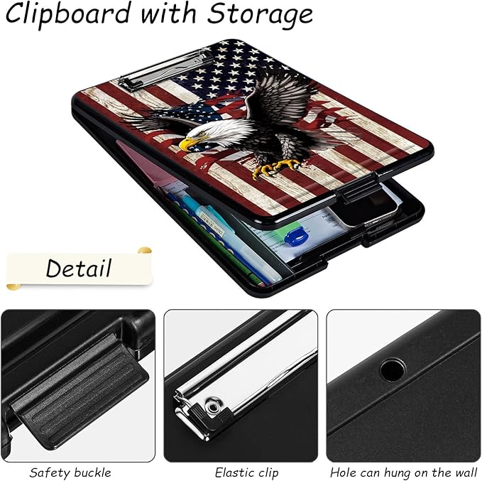 Clipboard with Storage, High Capacity Plastic Storage Clipboard with Pen Holder for for Women Teachers Work, School & Office Supplies, Cute Pattern Decorative Clipboards, America Falg Eagle