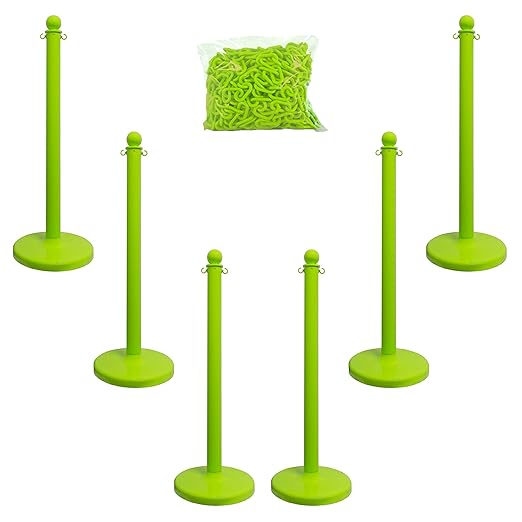 Mr. Chain Plastic Stanchion Kit with 50 Feet of 2-Inch Link Chain and C-Hooks, Safety Green, Pack of 6 (71114-6)