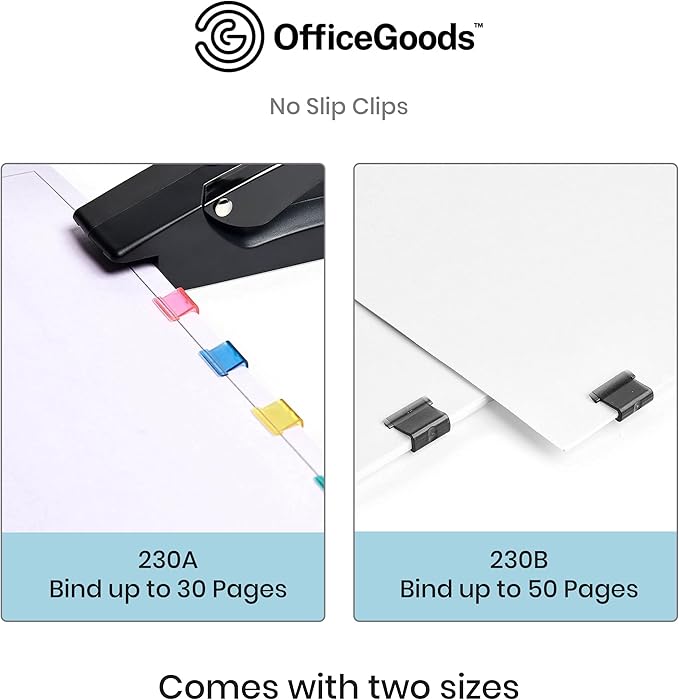 OfficeGoods No Slip Clip Refills - Binds Up to 50 Pages - Reusable - Works with No Slip Clip Dispenser - 50 ct Box Each Small & Large - 100 ct Total - Multicolor