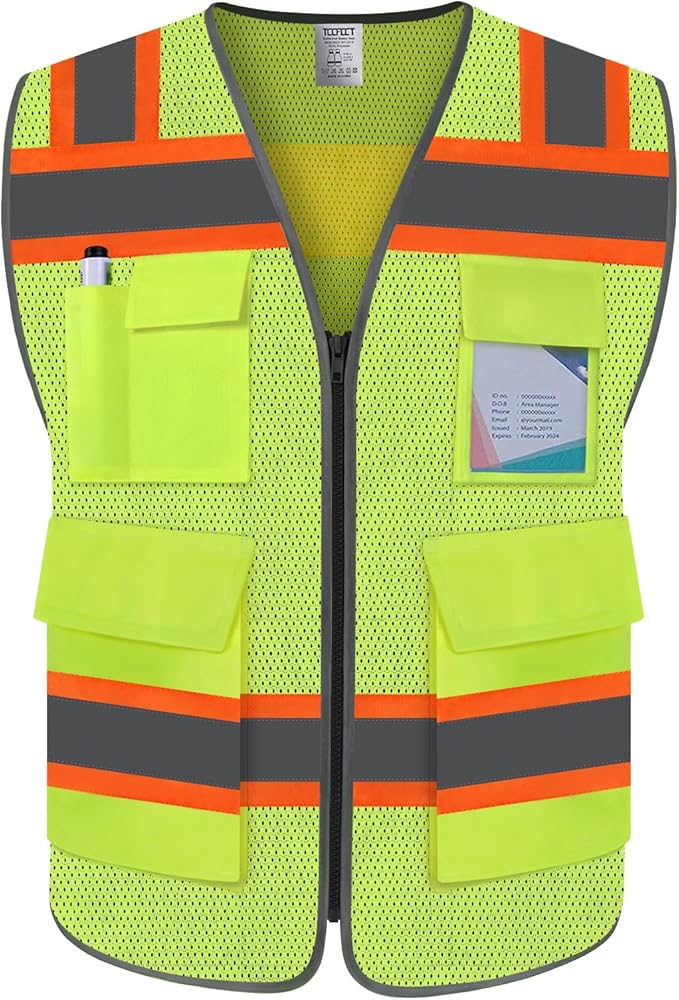 TCCFCCT Reflective Vest 5 Pockets Mesh Safety Vest with Reinforced Zipper, High Visibility Surveyor Work Vest for Men Women with Fluorescent Orange Edge, Durable to Use, Meets ANSI/ISEA, DW-Yellow, XL