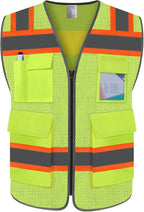 TCCFCCT Reflective Vest 5 Pockets Mesh Safety Vest with Reinforced Zipper, High Visibility Surveyor Work Vest for Men Women with Fluorescent Orange Edge, Durable to Use, Meets ANSI/ISEA, DW-Yellow, XL