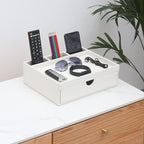 Leather Desk Organizer With Drawers, Home Cosmetics & Phone Remote Organizer, Drawer Plus Divider & Tray (white)