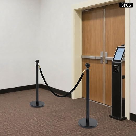 8 Pack Black Stainless Steel Stanchion Post with 4pcs 5FT Velvet Ropes, Red Carpet Ropes and Poles, Metal Crowd Control Barriers with Ball Top and Base for Events Hotels Museums