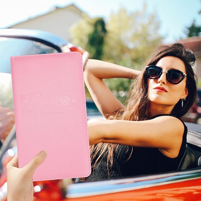 PLOJOP Car Registration and Insurance Card Holder, Leather License Document Pink Glove Box Compartment Organizer, Car Wallet Case for Essential Info, License Cards, ID Card