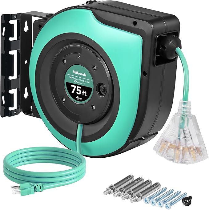 Retractable Cord Reel, 75 FT Heavy Duty Extension Cord, 14AWG/3C SJTOW, 3 Grounded Outlets Lighted Triple Tap, 10A Circuit Breaker, Wall/Ceiling Mounted, UL Listed, Light Green A75CR06