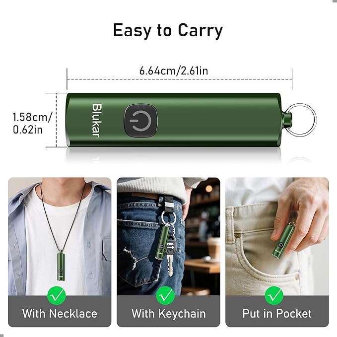 Blukar Rechargeable EDC Flashlight, Mini Keychain Flash Light with 3 Lighting Modes, Memory Function, Waterproof, Compact and Portable Pocket Light for Everyday Carry, Emergency,Camping-Dark Green