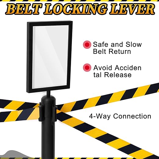 Therwen 6 Pack Heavy Duty Crowd Control Stanchions 9.8 ft Stainless Steel Stanchion Set with Safety Barrier Post Retractable Belt and Sign Holder Crowd Control Barrier (Stripe Belt,Black)