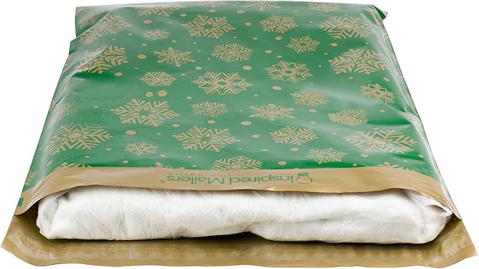 Inspired Mailers - Poly Mailers 14.5 x 19-50 Pack - Gold Snowflakes (Green) - Winter Shipping Envelopes - Large Mailing Bags - Packing Bags for Shipping