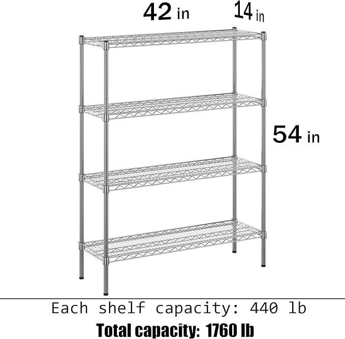 14" Deep x 42" Wide x 54" Height Wire Shelving Kit | 4-Tier | NSF Commercial Storage Rack Unit