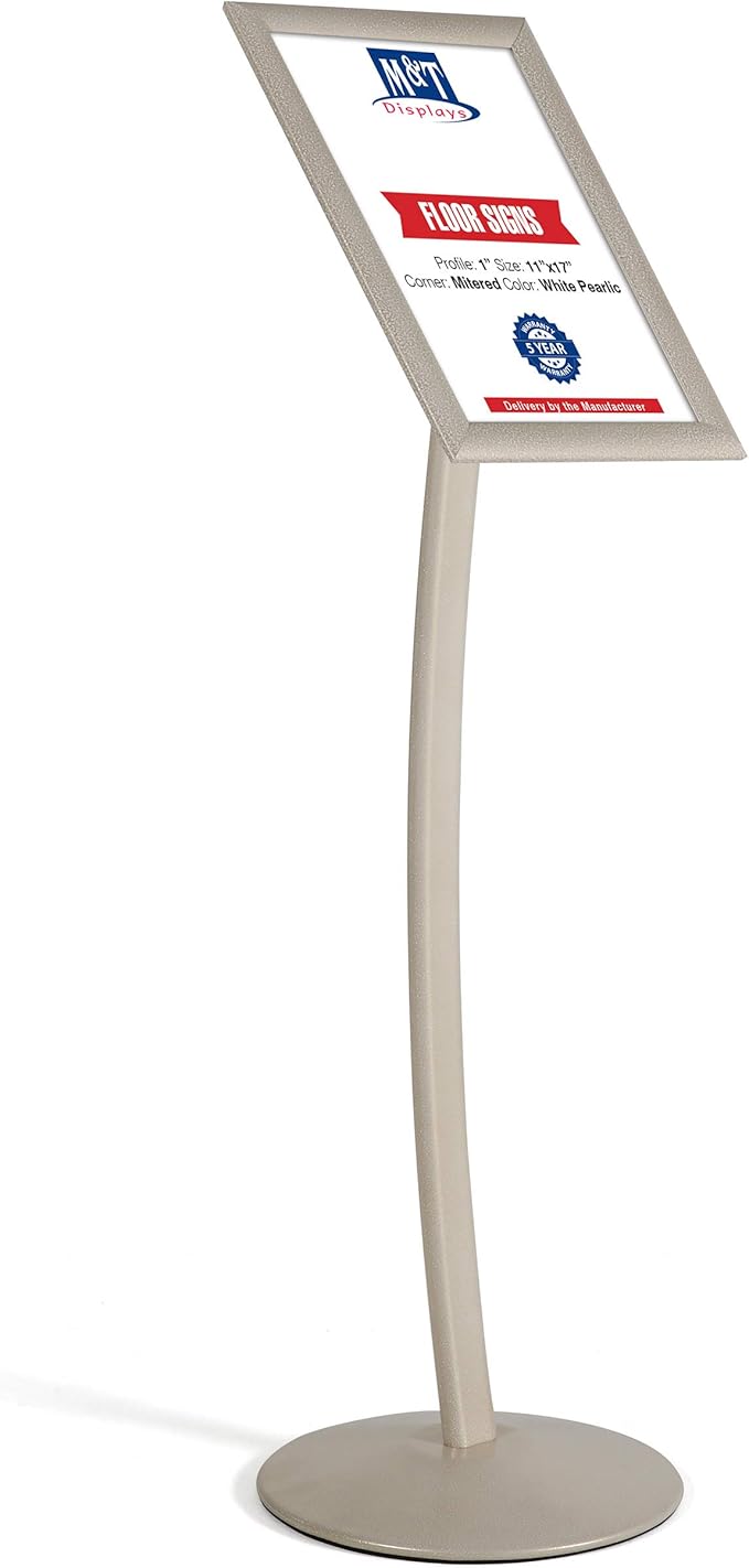 M&T Displays Curved Menu Board, 11x17 Pedestal Sign Holder White Pearlic Floor Standing Aluminum Front Loading Easy Open Poster Message Advertisement Holder For Restaurant Cafe Hotel