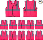 Pink Safety Vests 20 Pack - Reflective High Visibility Construction ANSI Class 2 Work Vests for Men,Woman with Zipper,Hi Vis Mesh and Neon Silver