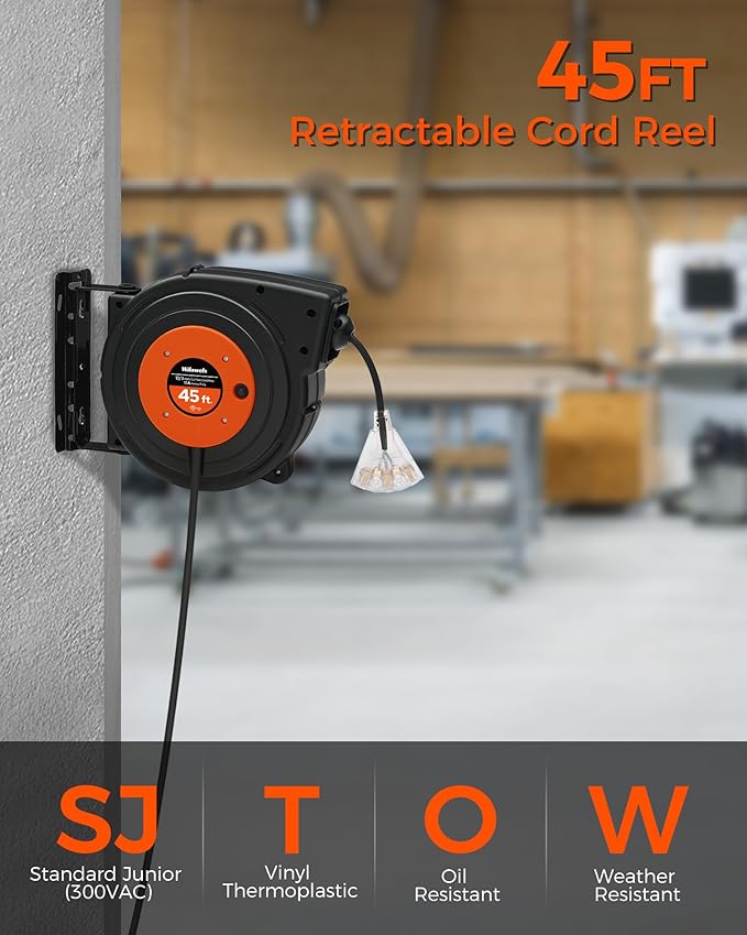 Retractable Extension Cord Reel, 45 FT Heavy Duty Power Cord, 12AWG/3C SJTOW, 3 Grounded Outlets Lighted Triple Tap, 15 Amp Circuit Breaker, UL Listed, Orange B45CR06