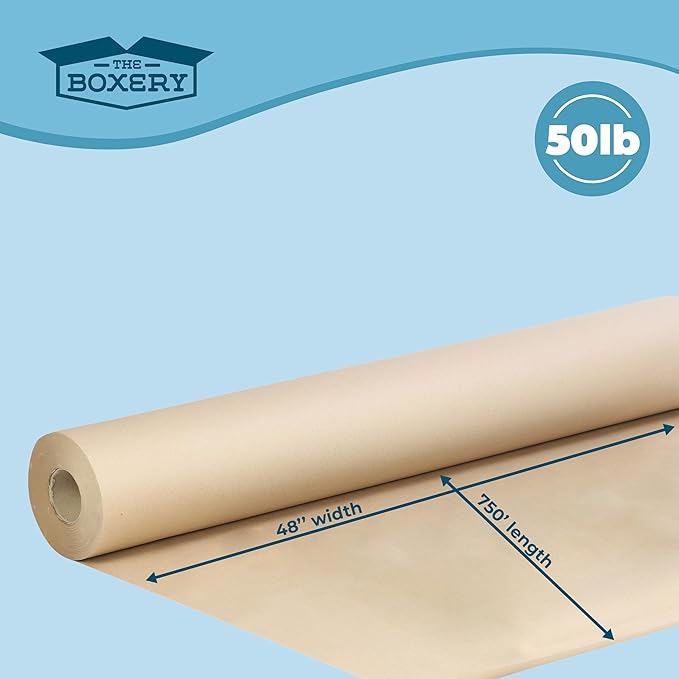 The Boxery Kraft/Brown Kraft Paper Roll, 48” x 9000” (750’)-50lb. Thickness, Heavy Duty Brown Wrapping Paper, Natural Kraft Packing Paper, Void Fill, Arts and Crafts, Bulletin Boards, Gift Wrapping