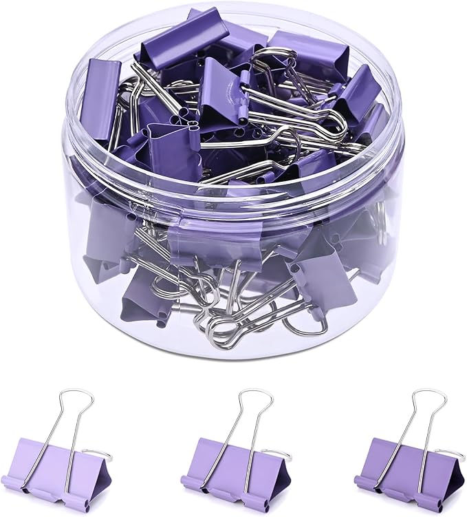 Temiary Aesthetic Binder Clips, 48 Pcs 0.98 Inches Small Metal Binder Clip with Clear Storage Container, Binding Paperwork Clamps for School Teachers Office Supplies (Purple)