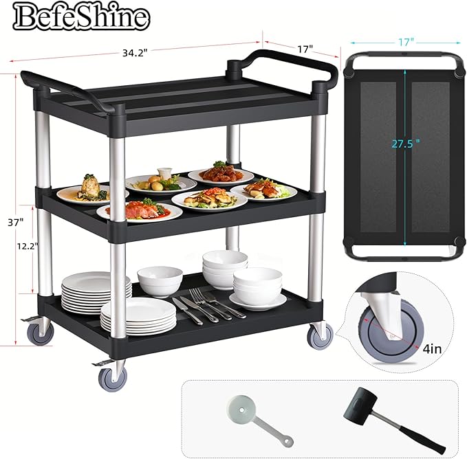 Utility Cart with Wheels, 3 Tier Rolling Cart with Tangle-Free Wheels(2 with Brakes), Heavy Duty 350 Lbs Capacity,Commercial Serving Cart for Home, Office, Restaurant, Warehouse.34.2" × 17" × 37"