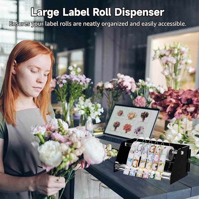 Foldable Acrylic Label Roll Dispenser, Adjustable Black Label Organizer, Holds Multiple Label Rolls, Large Desktop Roll Holder for Workspaces, Homes, Offices