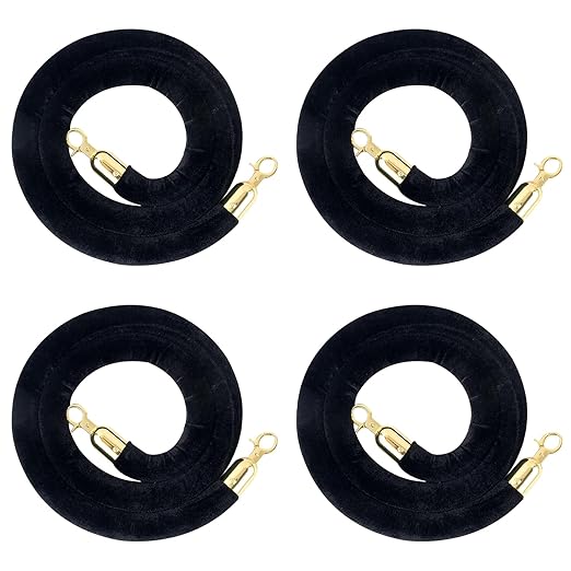 Velvet Stanchion Rope, 5 Feet Crowd Control Stanchion Ropes Safety Barrier with Gold Plated Hook for Carpet Events Movie Theaters Grand Openings Hotels Party(Black) (4)