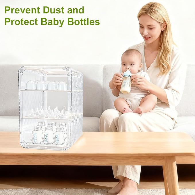 Baby Bottle Organizer,3/4 Tier Bottles Storage Organizers,Clear Station Organizer ContainerClear Baby Bottle Storage Organizer For Countertop And Cabinet,Ideal for Bottles, Pacifiers,Pump Parts