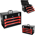 3 Drawers Metal Tool Box, 19" Heavy Duty Steel Tool Chest w/Key Lock & Handle, Multi-Function Top Storage Tray Toolbox w/Powder Coating & Ball Bearing Slides for Garage & Workshop(Black+Red)
