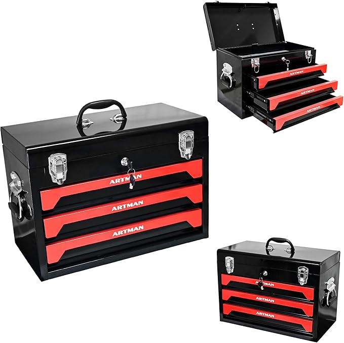 3 Drawers Metal Tool Box, 19" Heavy Duty Steel Tool Chest w/Key Lock & Handle, Multi-Function Top Storage Tray Toolbox w/Powder Coating & Ball Bearing Slides for Garage & Workshop(Black+Red)
