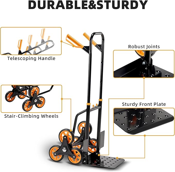 Heavy Duty Stair Climbing Hand Truck Dolly Cart, Portable and Foldable Three-Wheel Dolly