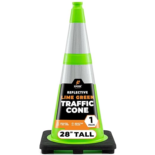 Xpose Safety 28” Lime Green Traffic Cone Dual 6" & 4" Reflective Collar – 1 Pack Multipurpose Premium PVC Safety Cone for Parking, Caution, Construction, Road Crews, Emergency Vehicle - DOT Approved