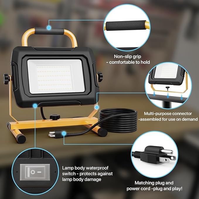 HYPERLITE LED Work Light 5000Lumen: 50W Waterproof Flood Light - Portable Work Light with 6.6FT Cord and Switch for Job Site Garage Workshop Car Repairing Indoor Outdoor Lighting