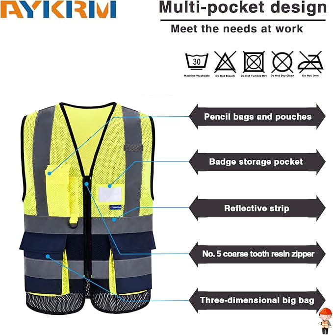 A-SAFETY High Visibility Mesh Safety Reflective Vest with Pockets and Zipper,Hi Vis Viz Reflective Safety Vest(Yellow&Navy Mesh L)