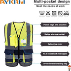 A-SAFETY High Visibility Mesh Safety Reflective Vest with Pockets and Zipper,Hi Vis Viz Reflective Safety Vest(Yellow&Navy Mesh XXXL)