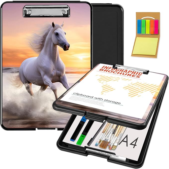 Clipboard with Storage,Office Supplies Nursing Clipboards Folder with Pen Holder Plastic Foldable Clip Board with Storage for Nurse Teacher,Sunset Horse