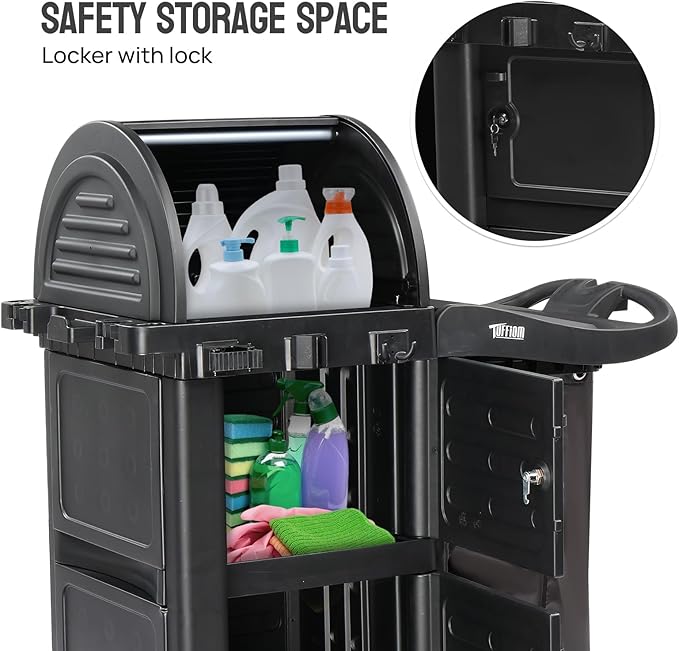 TUFFIOM Janitorial Cart with Key-Locking Cabinet, 3-Shelf Commercial Cleaning Cart with Wheels, Housekeeping Caddy with Locker, Black, Great for Hotel, Stores, Schools, and Business