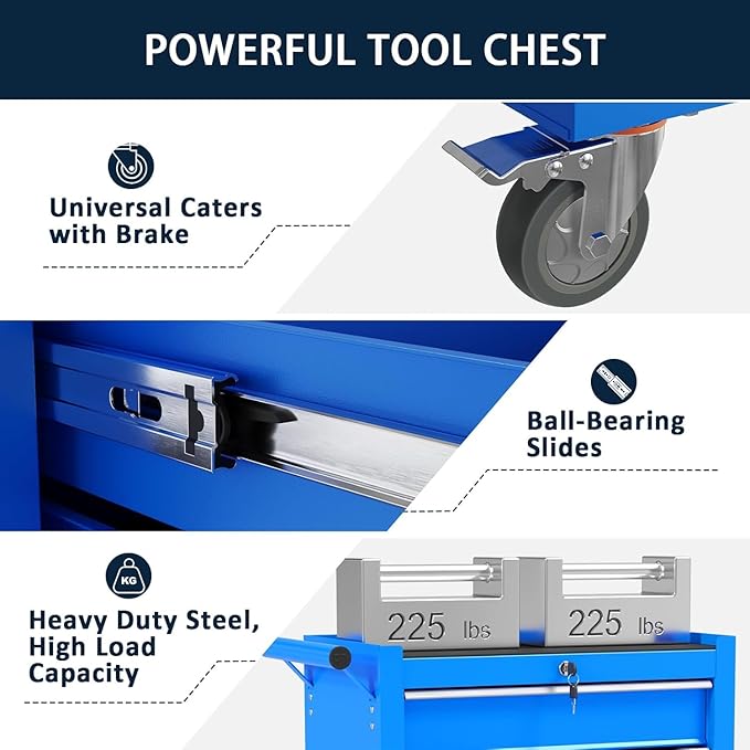 5-Drawer Metal Rolling Tool Chest with Wheels,Tool Storage Cabinet with Locking System，Toolbox with Wheels for Garage, Warehouse, Workshop, Repair Shop