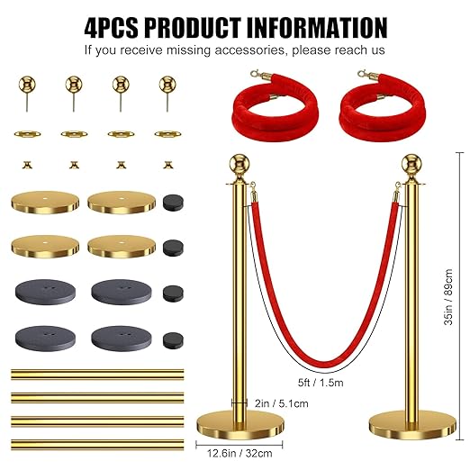 kaiyomi 4Pcs Stanchions with Red Velvet Ropes Set, 5 Feet Velvet Ropes and Posts Poles for Red Carpet Party Decoration and 360° Photo Booth (Golden)