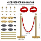kaiyomi 4Pcs Stanchions with Red Velvet Ropes Set, 5 Feet Velvet Ropes and Posts Poles for Red Carpet Party Decoration and 360° Photo Booth (Golden)