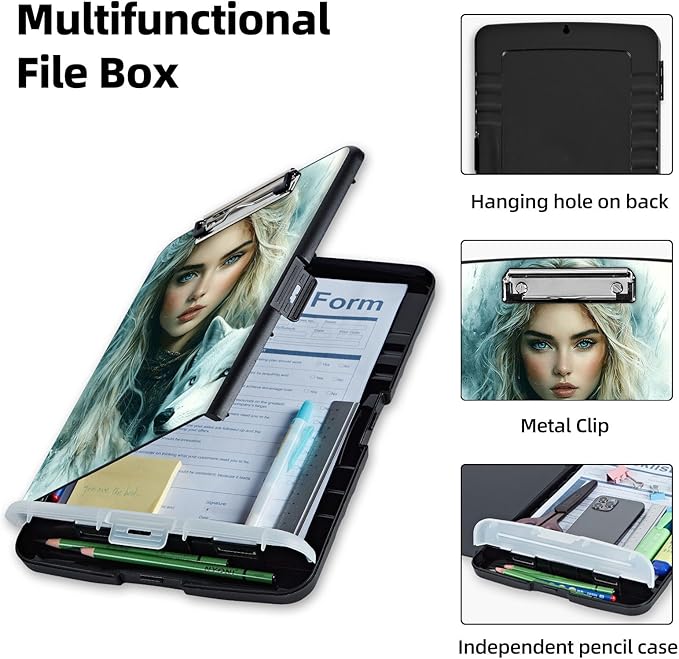 Clipboard with Storage Box & Pen Holder,Heavy Duty Clip Boards 8.5x11 for Nursing,High Capacity,School & Office Supplies,Wolf Spirit